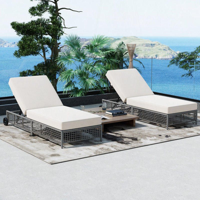 Patio Chaise Lounge With 5-Position Backrest, Cushion & Wheels, Natural, 1