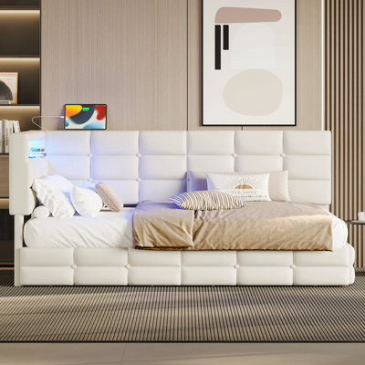 Lit de jour rembourré simple avec rangement 2 tiroirs et station de charge, structure de lit de jour avec lumières à DEL et tête de lit de rangement, aucun sommier nécessaire, beige