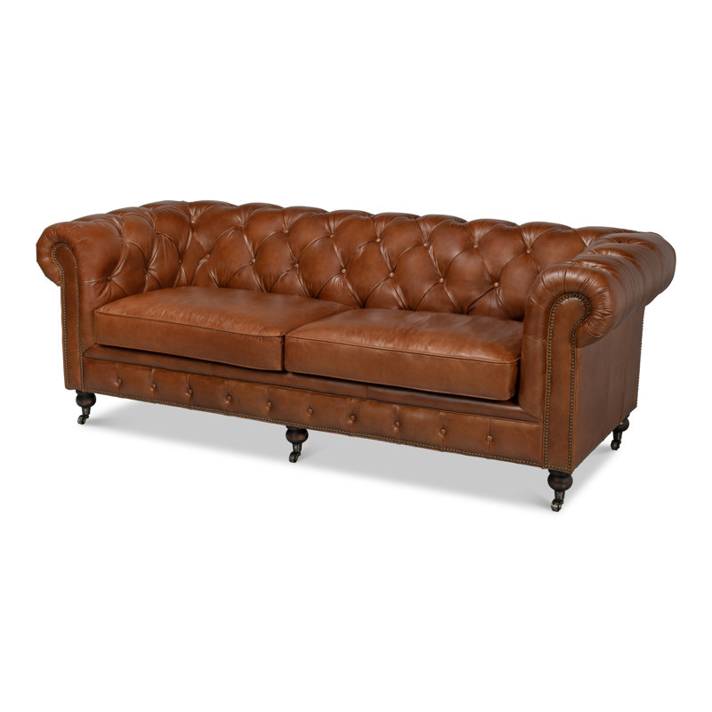 Canapé à accoudoirs roulés en cuir véritable 89 po Castered Chesterfield