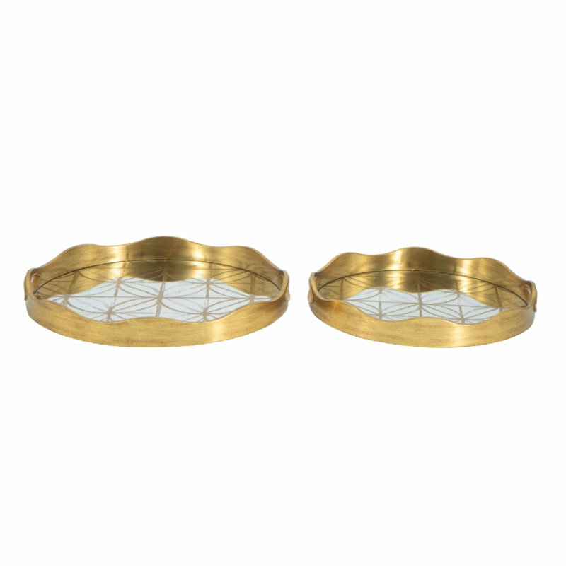 Round Gold Plastic Mirror Trays with Geometric Motif - L:D15.5x1.7" S:D14x1.7"