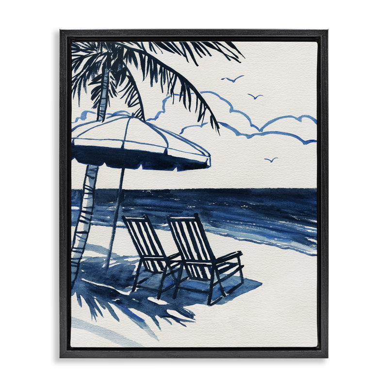 Cadre flottant de plage tropicale aux tons bleus, design par Carol Robinson, H 21 po x l 17 po, Cadre flottant noir de jais