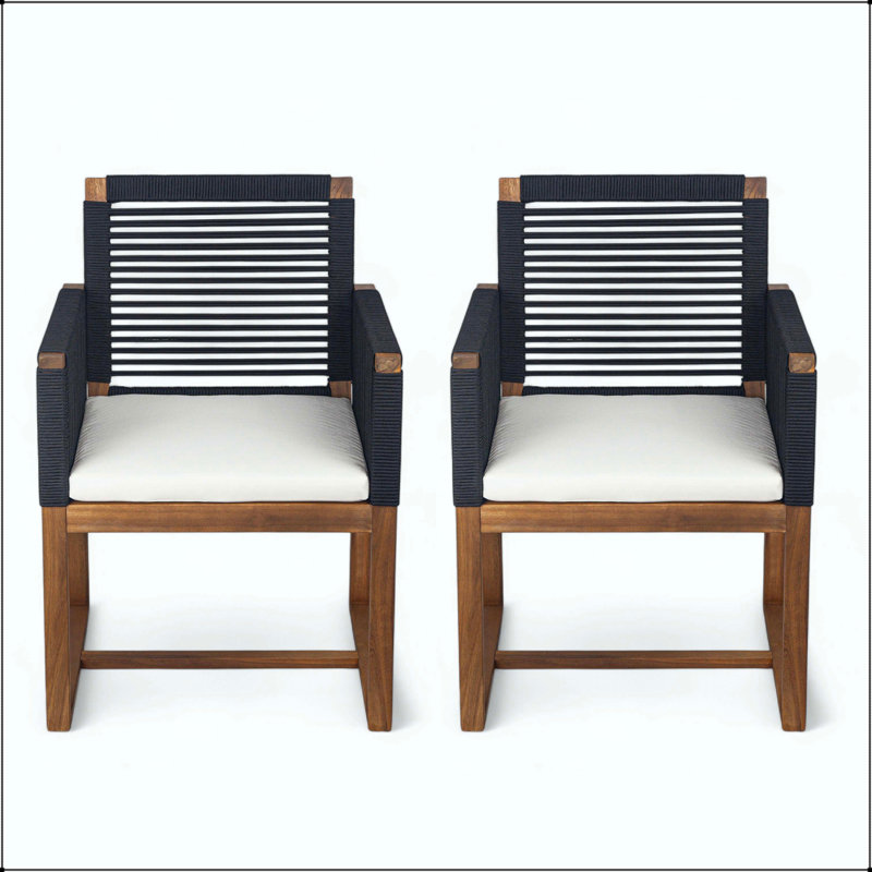 Chaise de salle à manger en bois d'acacia et corde avec coussin lavable (ensemble de 2), Black