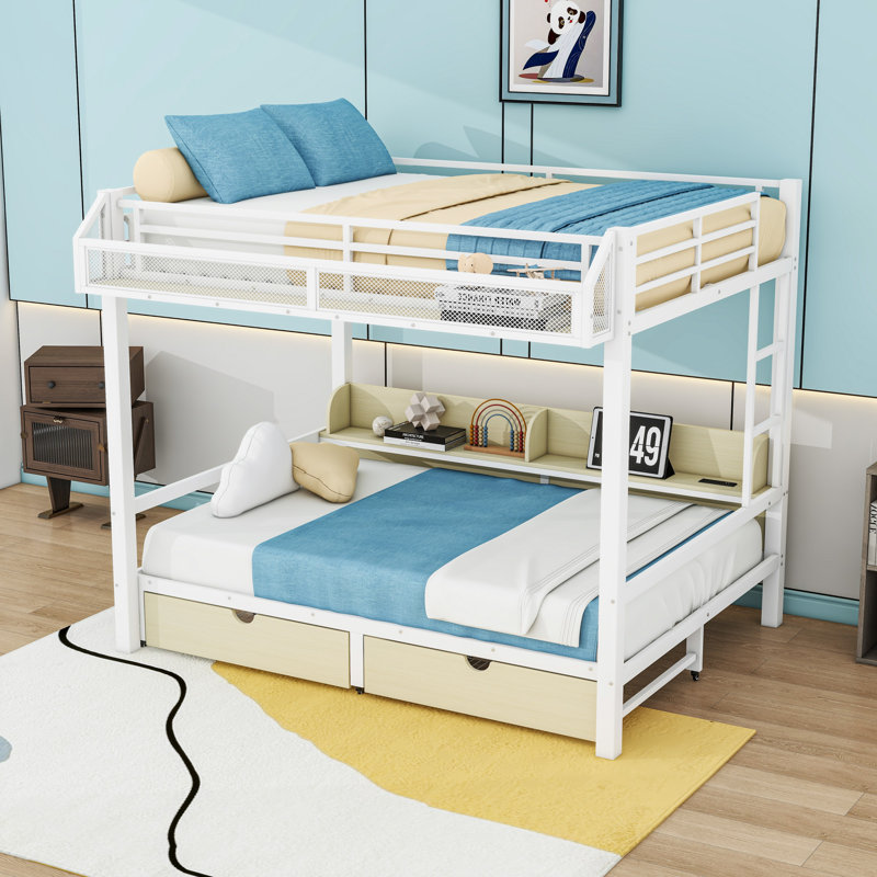 Lit superposé en métal avec tablettes intégrées, ports DEL et USB et 2 tiroirs, Grand sur grand, Blanc