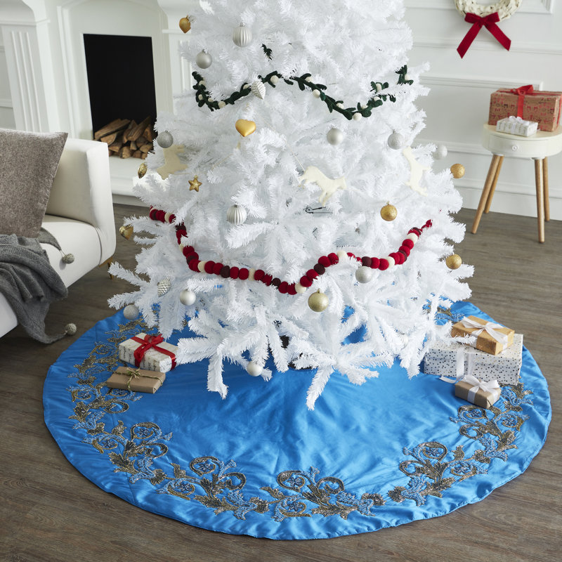 Imperial Blue Hand Beaded Christmas Tree Skirt on Blue Silk, 60"