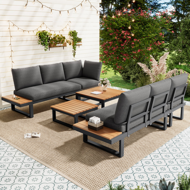 L-Shaped Garden Furniture Set with Reclining Seats, Wood Coffee Tables & Side Tables, Grey