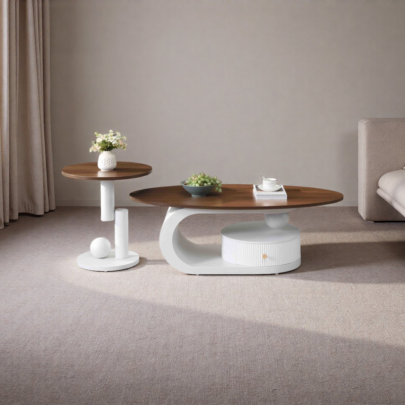 Ensemble de 2 tables de bout Modern Modern, Bois, Dessus en noyer / base blanche
