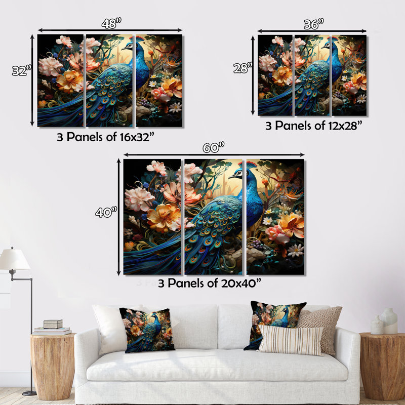 Teal Peacock Parade I - Peacock, reproduction d'art encadrée, Encadrement argenté, 12" H x 20" W