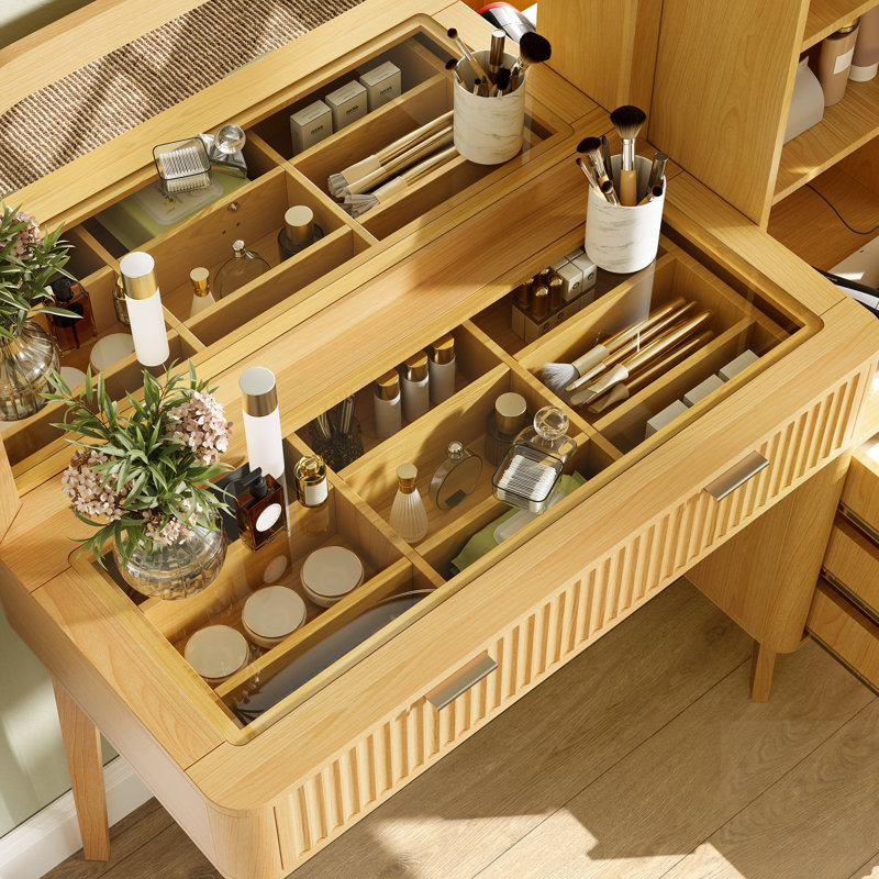Meuble-lavabo cannelé avec miroir, plateau en verre, 4 tiroirs et armoire de rangement, ensemble de coiffeuse avec station de recharge pour chambres modernes
