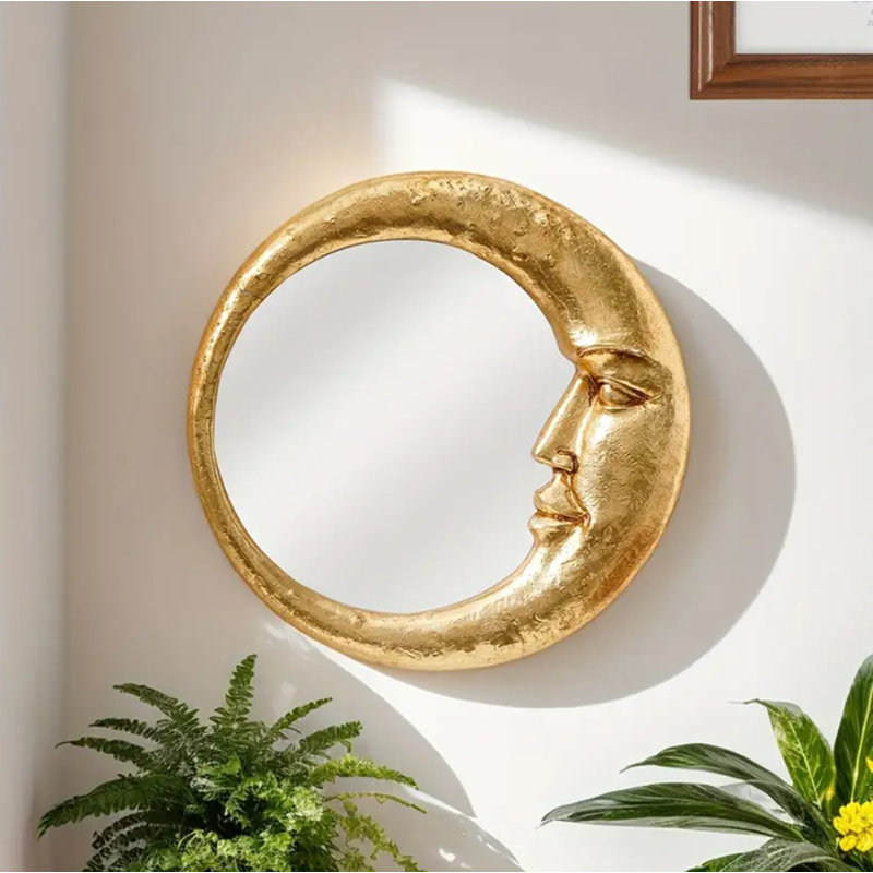 Golden Face Crescent Moon Round Decorative Hanging Mirror
