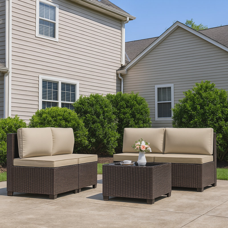 Ensemble de conversation pour patio en osier 4 personnes avec coussins et table basse 4 personnes, Sable