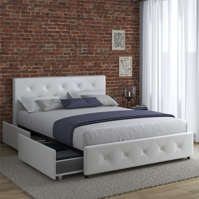 Lit plateforme tapissier capitonné avec rangement Aybri, Grand, Blanc