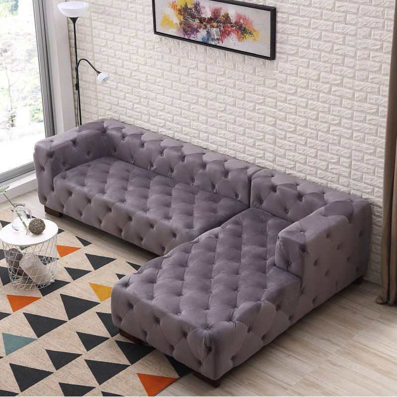 Velvet L-Shaped Sectional, Gray Velvet, Right Hand Facing