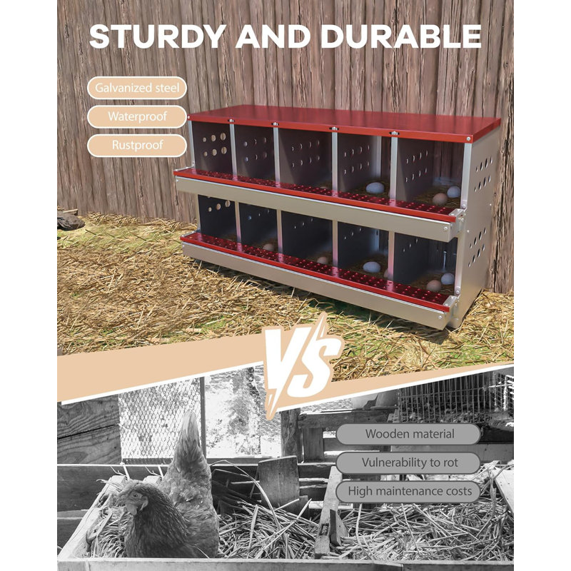 Boîte de nidification à 10 compartiments pour poules pondeuses en métal, Rouge / nickel brossé, H 25 po x l 45 po x P 17 po