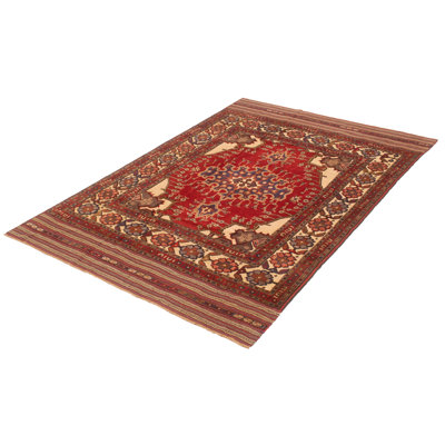 Tapis rouge foncé en laine noué à la main de conception unique 6 pi 4 po x 9 pi 2 po New Age