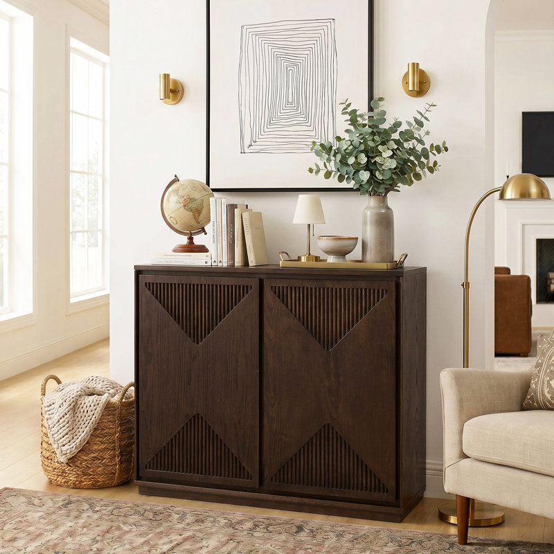 Mid-Century Brown V-Groove Buffet Storage Cabinet for Multi-room Use, Dark Walnut