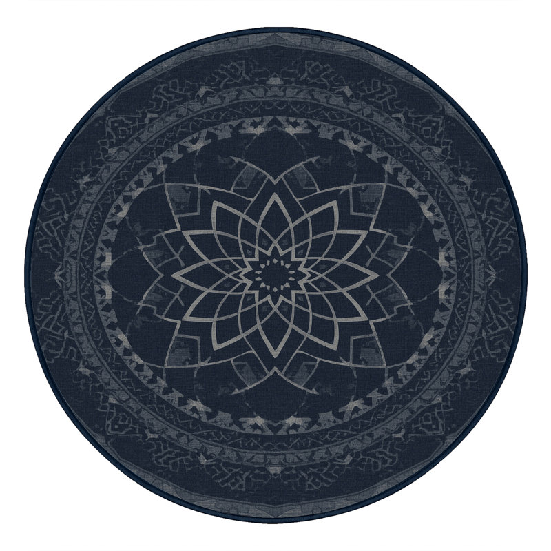 Soft Plush Eaddy Global Inspired Geometric Shapes Area Rug in Gray – Navy Binding, 3' Round