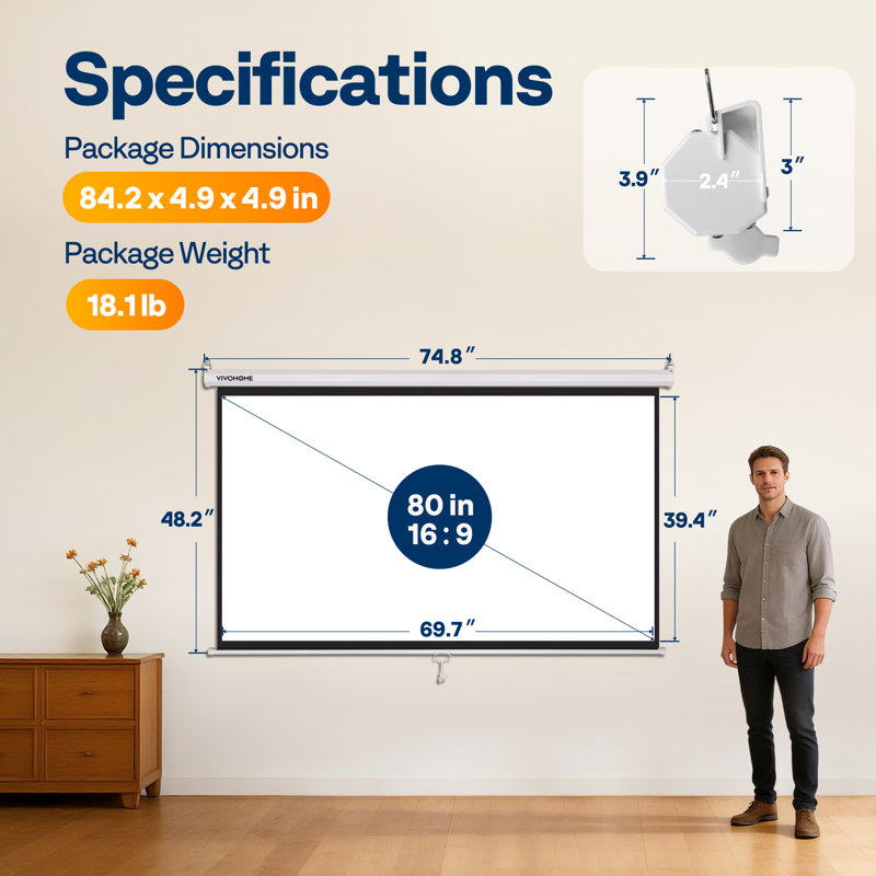 Écran de projecteur manuel monté au plafond, 80 po en diagonale (49 po x 74 po), White