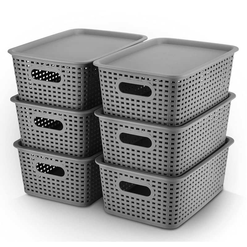 Paniers de rangement en plastique avec couvercle, Gris