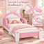Lit plateforme rembourré en forme de chat mignon Dandre pour enfants, avec barrières de sécurité latérales, lit princesse bas avec tête de lit à nœud.-1827728695
