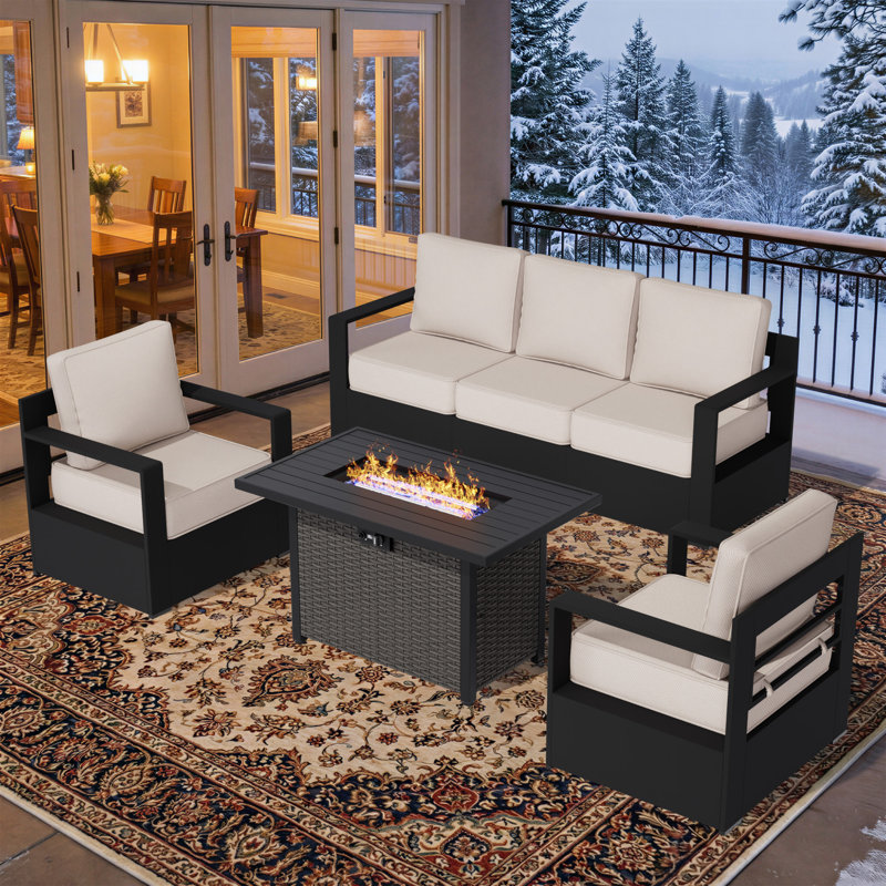 Ensemble de conversation d'extérieur 5 pièces en aluminium et fer avec coussins moelleux et table de foyer convertible, Beige