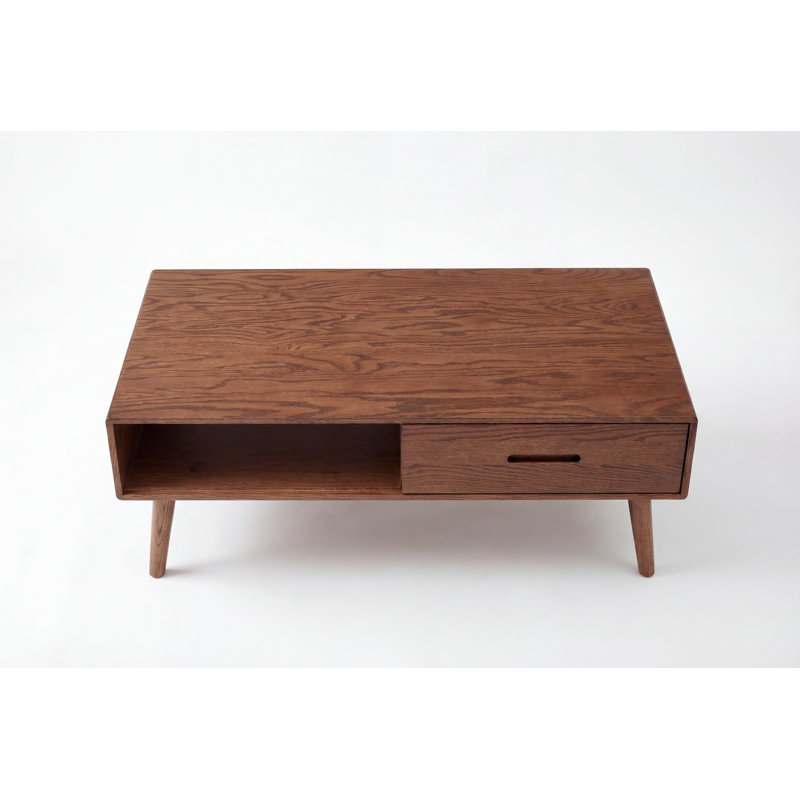 Table basse de 39 po de style Mid-Century moderne en chêne massif avec tiroir, Brun teint chêne