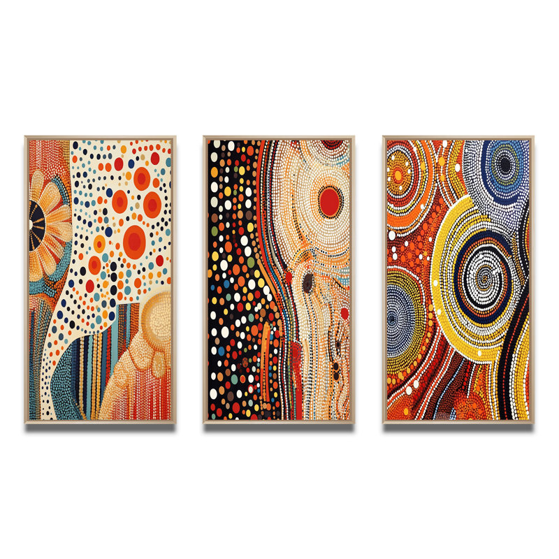 Aboriginal Circular Dot Art Compositions III - Transitional Art Set Of 3 Pieces, Encadré naturel, H 28 po x l 36 po
