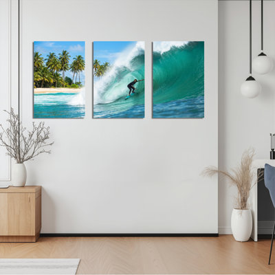 Ensemble de 3 tableaux sur toile tendue représentant des vagues de surf et des palmiers sur une plage tropicale