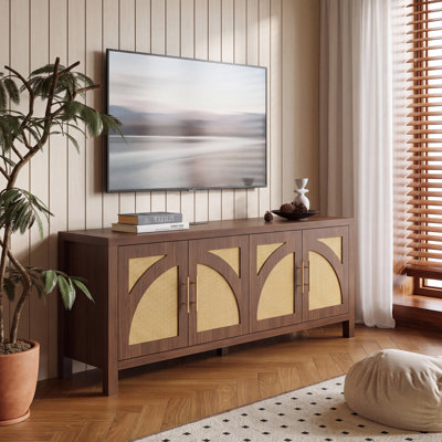 59.9"W Mid-Century Modern TV Stand With Charging Station And Adjustable Shelves, TV Console With 4 Rattan Storage Cabinets For TVs Up To 65"