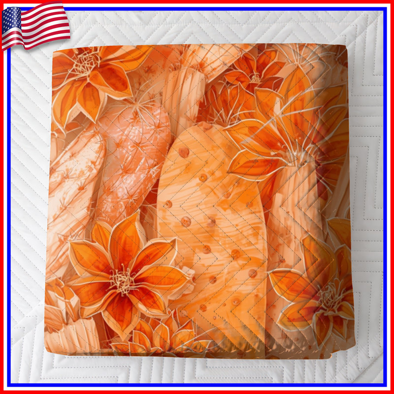 Couvre-lit matelassé orange avec fleurs de cactus toutes tailles, Double
