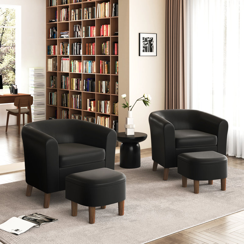 Chaise d'appoint rembourrée avec repose-pieds tonneau, Similicuir noir
