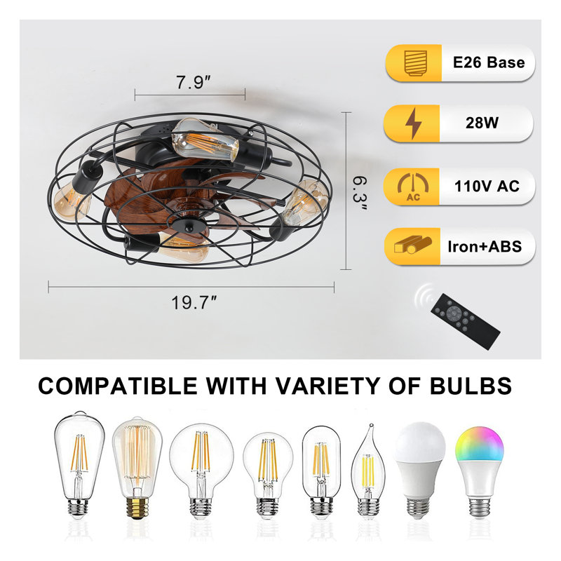 Ventilateur de plafond à cage noire de 20 po avec éclairage, ventilateur de plafond à profil bas avec télécommande, ventilateur de plafond encastré moderne avec moteur réversible pour la cuisine du salon de la chambre à coucher