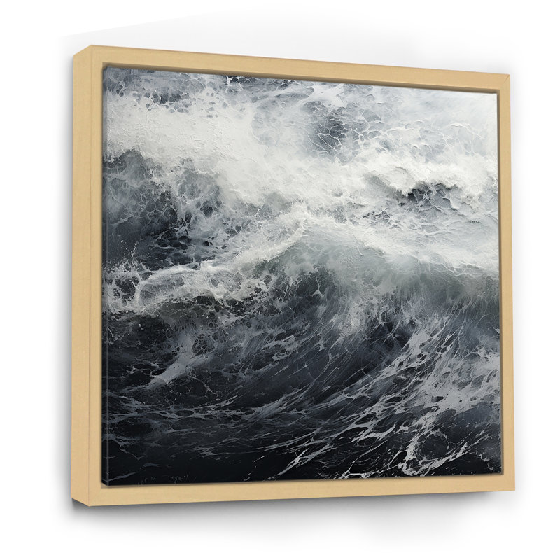 Tempête de vague noire et blanche sur toile, Cadre naturel flottant, H 30 po x l 30 po x P 1 po
