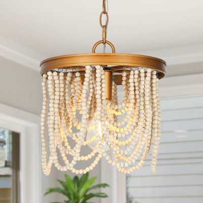 Suspension bohème moderne dorée à une lumière de 28 cm avec perles en bois blanc