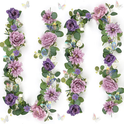 Paquet de 2 guirlandes de fleurs artificielles en forme d'eucalyptus et de roses avec papillons laser 3D argentés