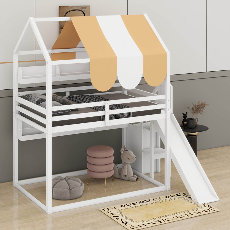 Full Size House Bed With Canopy & Slide, Built-In Bookshelves, White