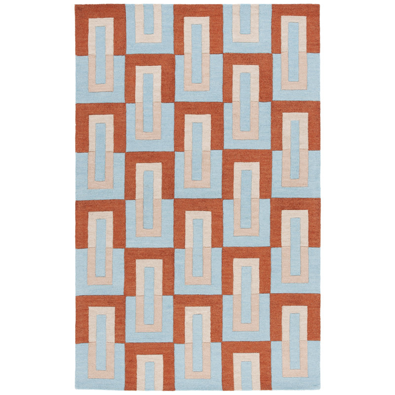 Nickonovitz Hand Tufted Wool/Cotton Geometric Rug in Light Blue/Rust, Rectangle 6"x 9"