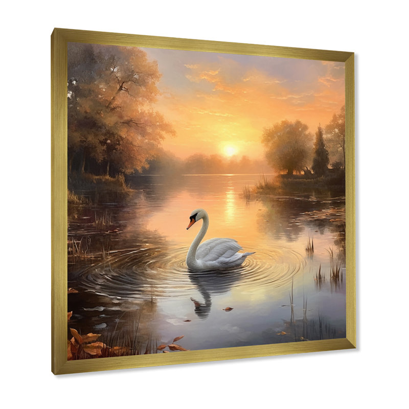Cygne blanc, coucher de soleil romantique I, Cadre doré à une seule photo, H 30 po x l 30 po x P 1 po