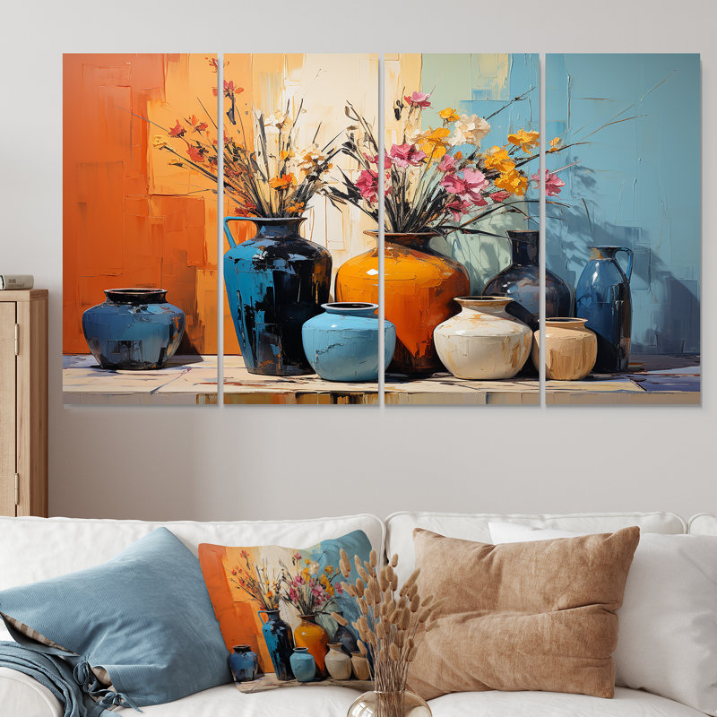 «Blue Italian Pottery Expressions - Boho Pottery», art mural 4 pièces, H 28 po x l 48 po