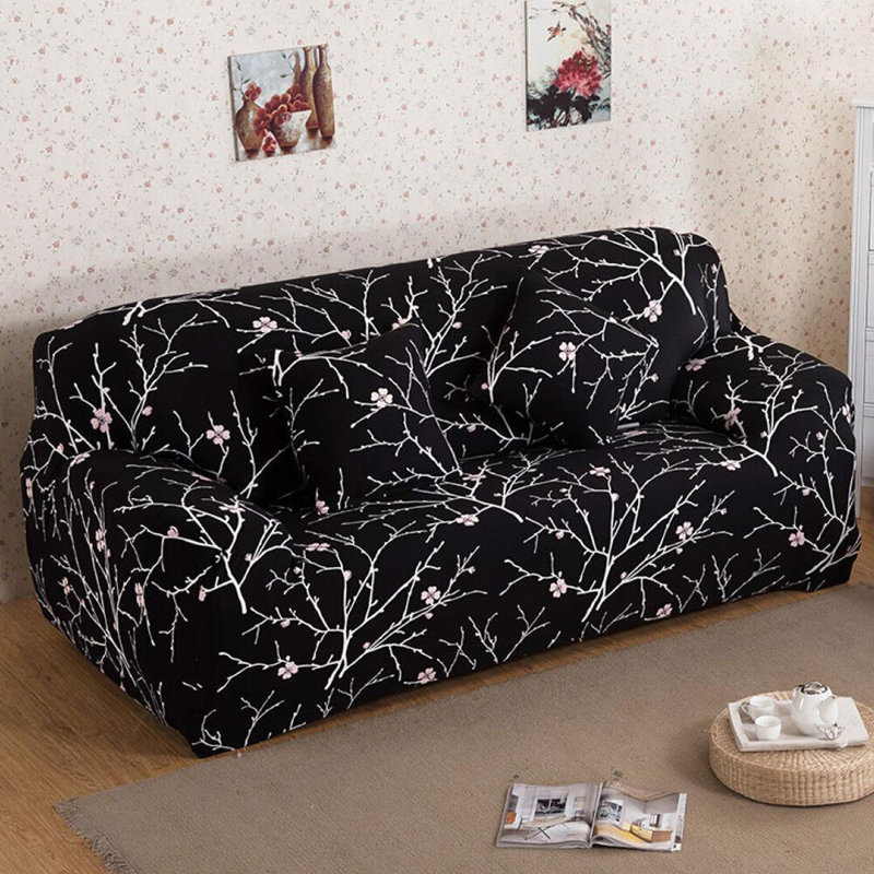 Housse pour canapé extensible 3 places, Fleurs noires, H 45 po x l 72 po x P 30 po