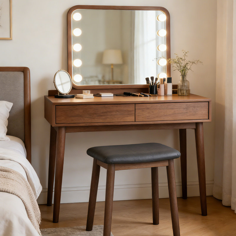 Solid Wood Vanity Stool with Saddle Seat