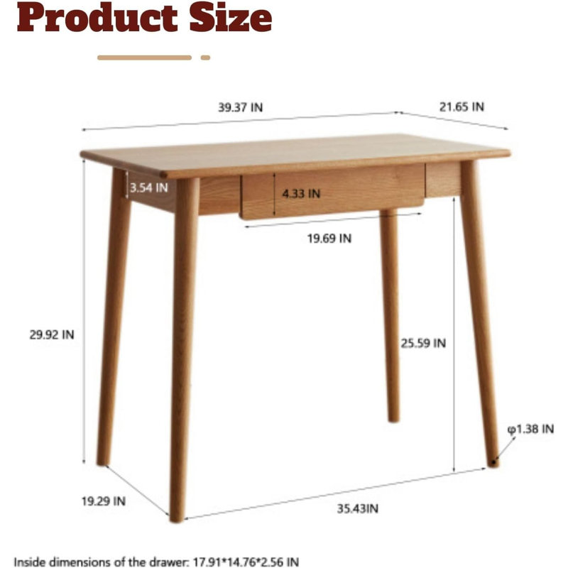 39"W MCM Solid Oak Writing Desk Tapered Angled Legs With Drawer , 39"W, Natural