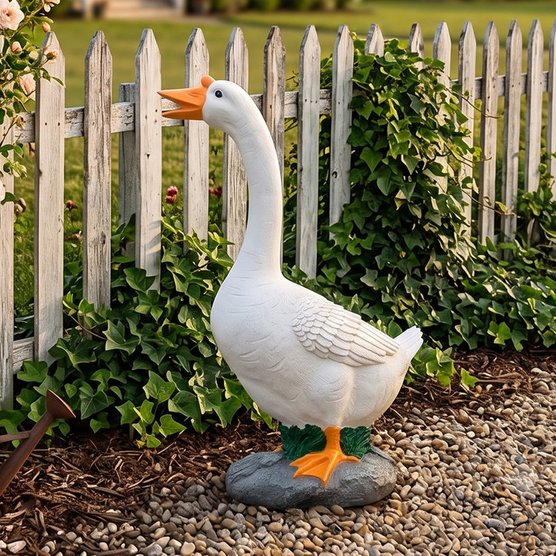 Statue de jardin d'oie blanche en résine de 48 cm (18,89 pouces), sculpture décorative extérieure sur socle en pierre pour terrasse, pelouse ou porche