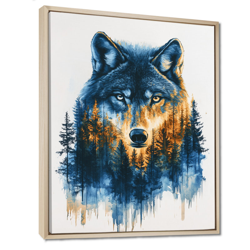Giesbert, loup doré dans un paysage de forêt bleue III - loup, décoration murale, H 40 po x l 30 po, Crème, crème