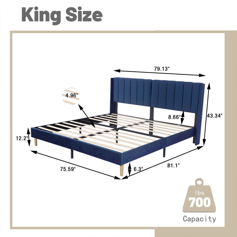 King Size Blue Velvet Upholstered Platform Bed with Tufted Headboard