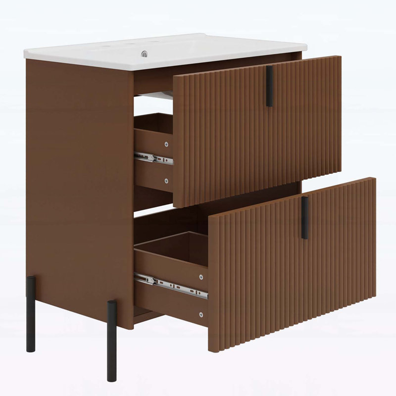 30-Inch Bathroom Vanity with Ceramic Sink,Fluted Design,and Soft-Close Full-Extension Drawers, Dark Brown/Black