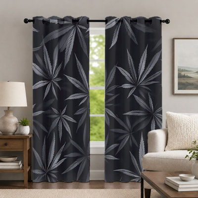 2Pcs Black and Grey Leaf-Print Curtains, Botanical Style Curtain, Contemporary Minimalist Nature Patterned Art Grommet Drapes, Window Treatment for Bedroom Living Room Decor