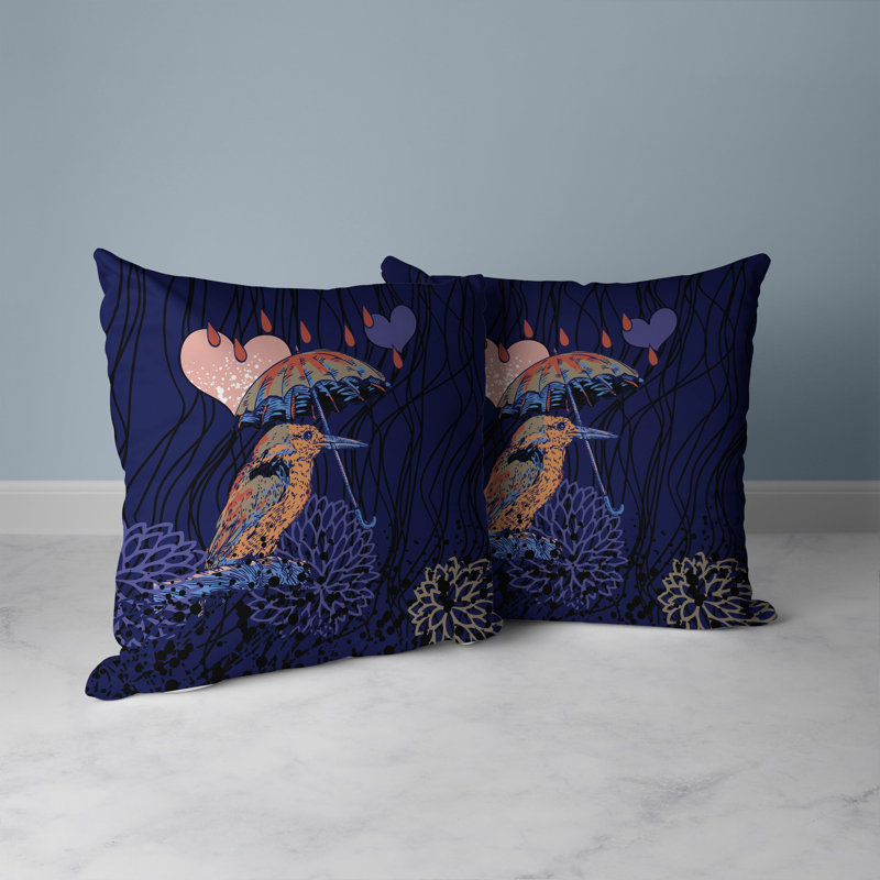 Coussin décoratif réversible Bird / Umbrella, H 16 po x l 16 po, Bleu/orange