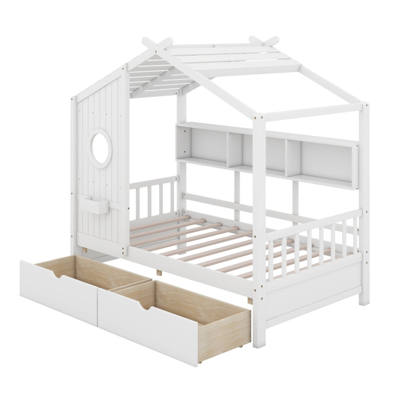 Lit maison avec 2 tiroirs, Simple, White