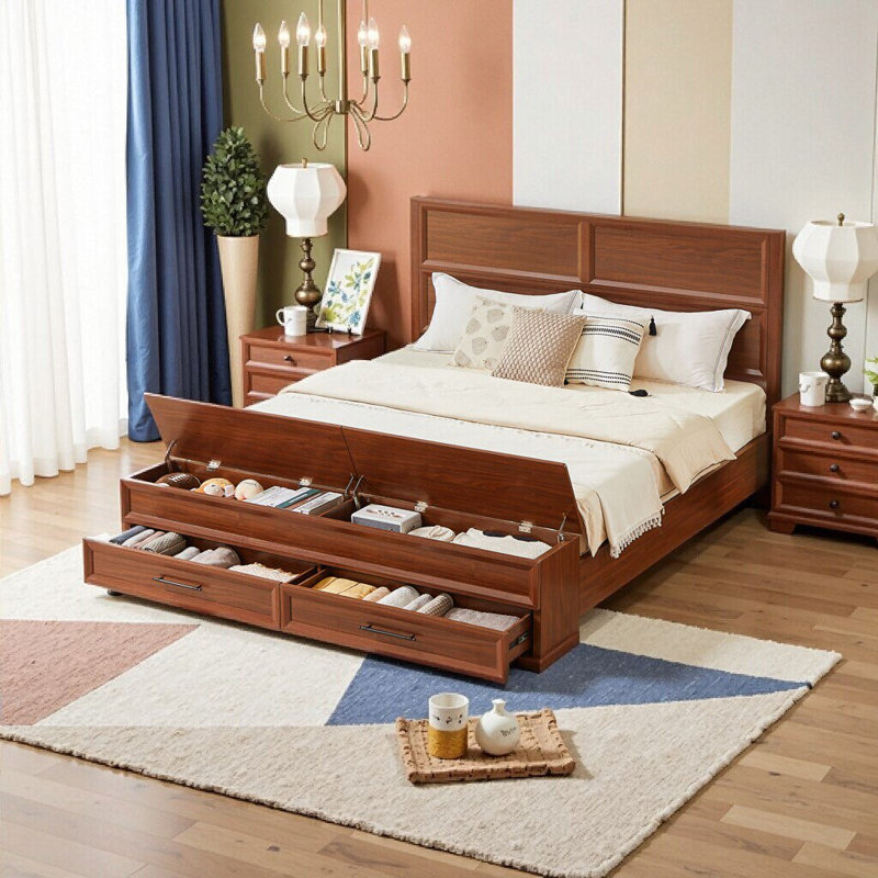 Très grand lit avec tête de lit géométrique 3D et banc de rangement, 4 tiroirs, mobilier de chambre moderne, Noyer