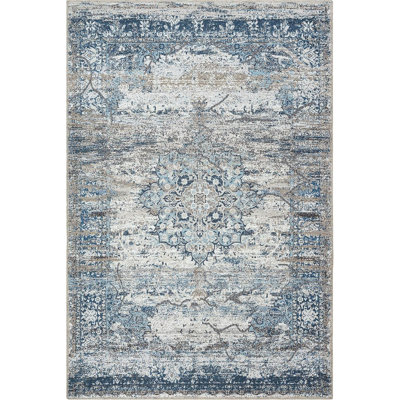 GLN Rugs Vintage Collection - Machine Washable Area Rug, Vintage Washable Rug, Non Slip Area Rug, Low Pile Living Room Rug, Bedroom Rug, Bathroom Rug - Easy Clean (Navy Blue and Gray Rug)